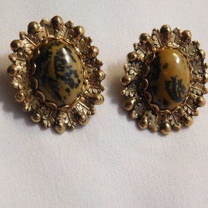 Dendrite Jasper Stone Clip On Vintage Earrings